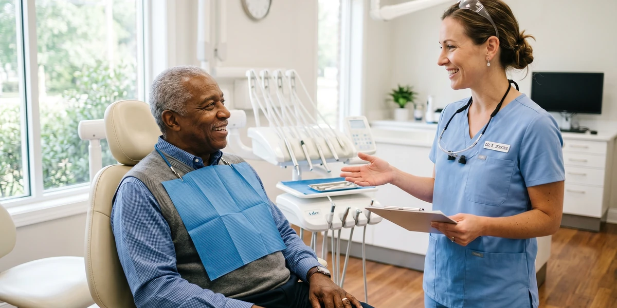 A dentist welcoming a patient seated in a modern dental chair — dental appointment transportation by With Care