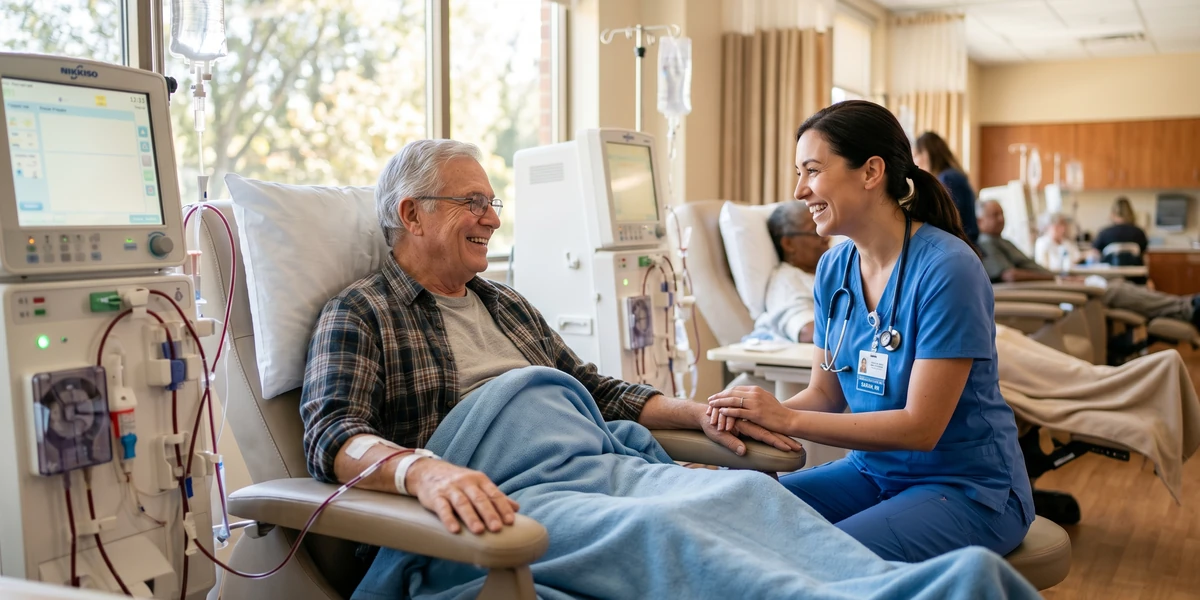 A patient seated in a dialysis treatment chair, talking with a nurse — dialysis center transportation by With Care
