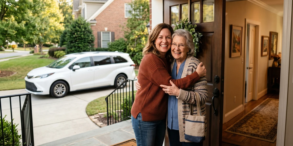 An adult daughter hugging her mother who has just arrived home from a medical appointment — discharge-to-home transportation by With Care