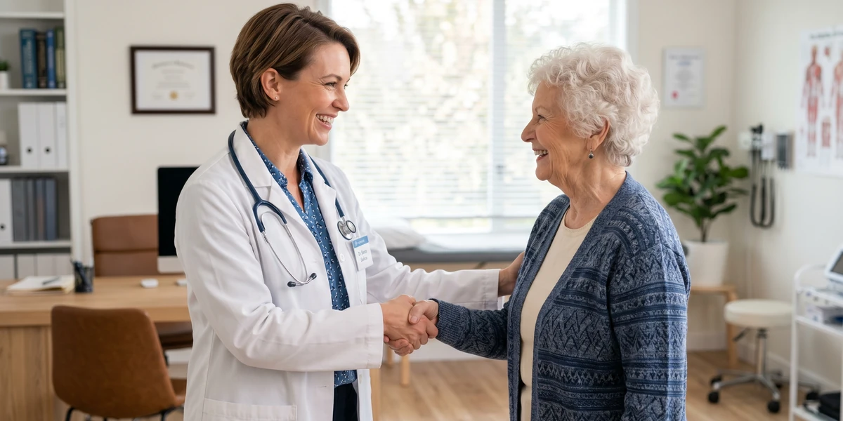 A doctor greeting a patient inside a modern doctor's office — medical appointment transportation by With Care