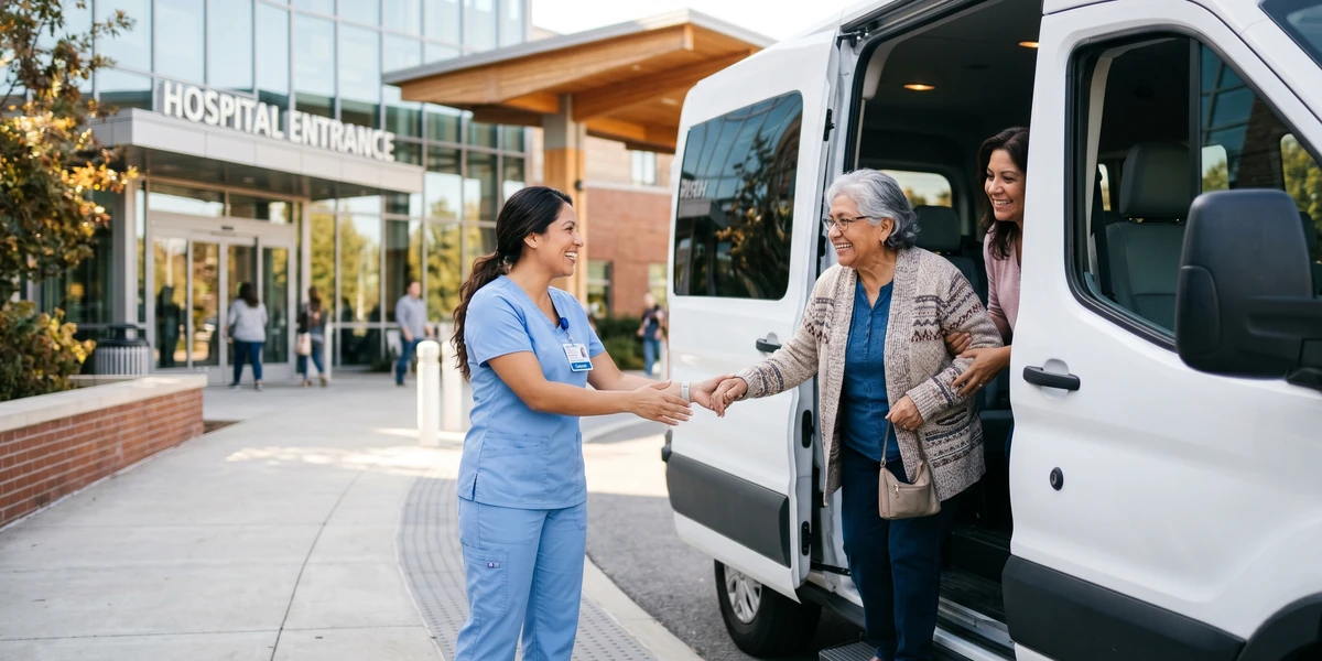 A nurse greeting a patient arriving at a hospital entrance via With Care non-emergency medical transportation