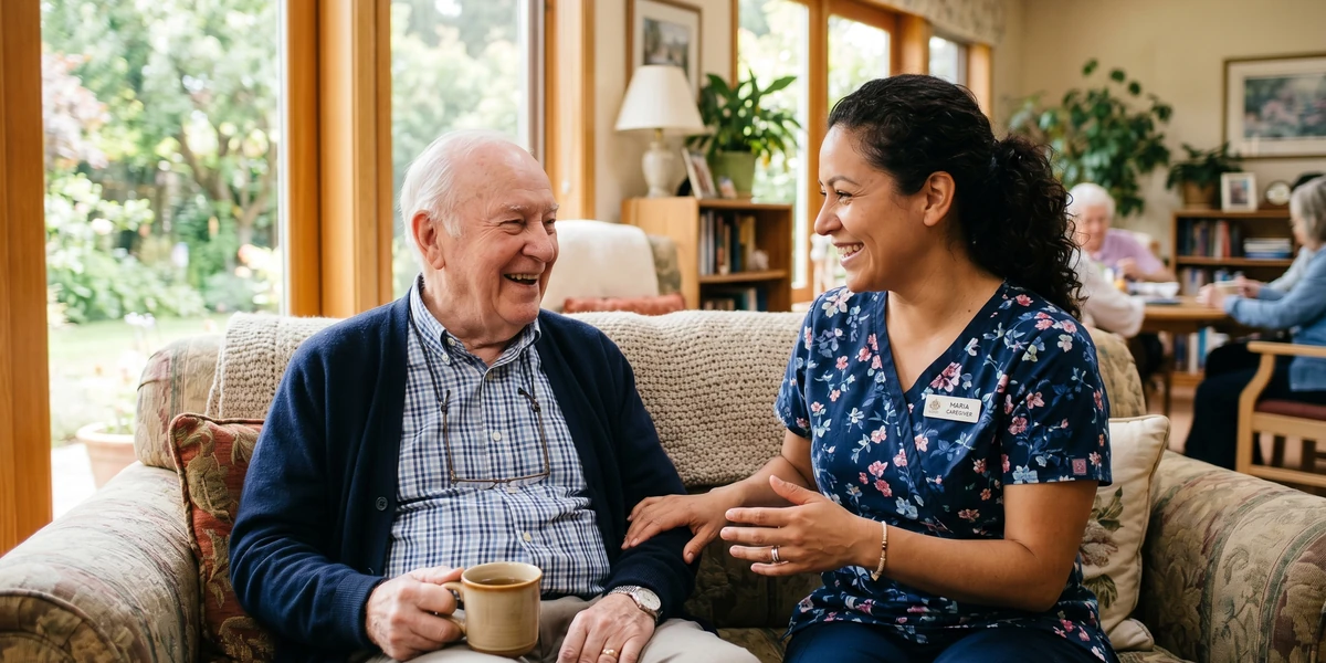 A caregiver and resident chatting in a bright common area of an assisted living facility — senior living transportation by With Care