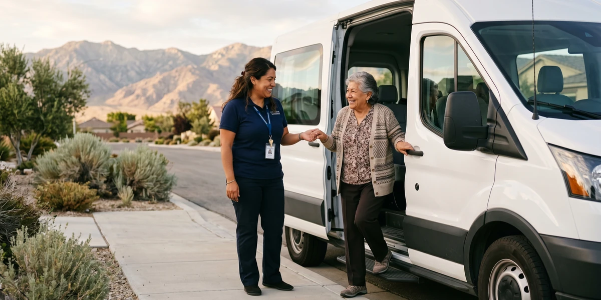 A With Care driver helping a senior step out of a passenger van for ambulatory non-emergency medical transportation in the High Desert