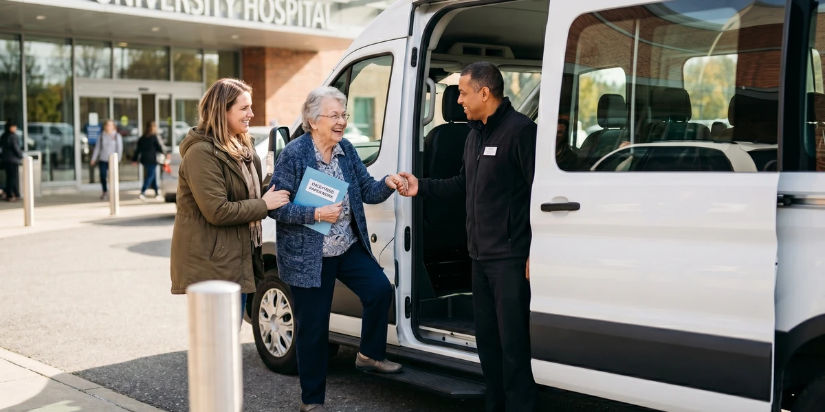 An adult daughter helping her mother into a With Care passenger van for hospital discharge transportation