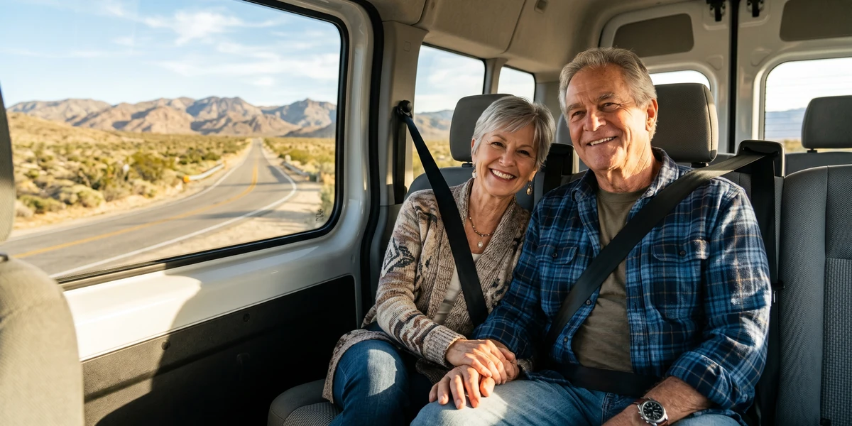 An older couple riding comfortably in a With Care van on a California desert highway for long-distance medical transportation