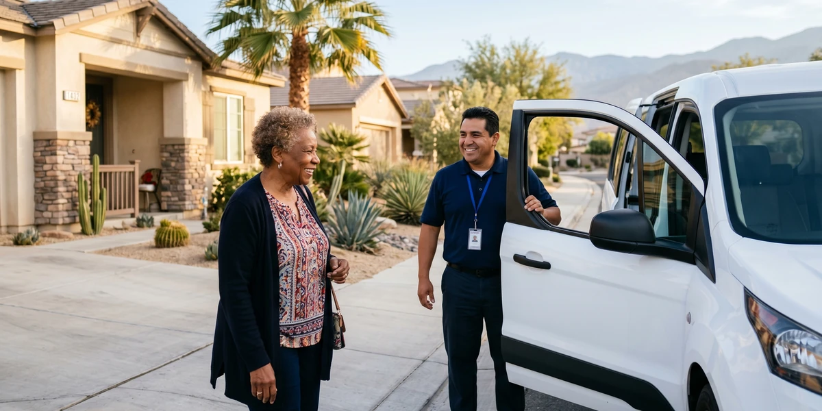 A With Care driver greeting a familiar passenger at her home for a recurring medical transportation trip