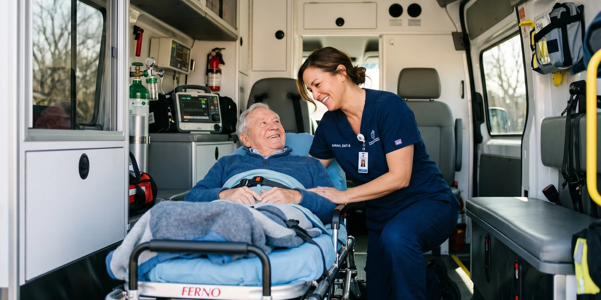 A caregiver speaking gently with a patient on a medical gurney inside a With Care non-emergency medical transport van
