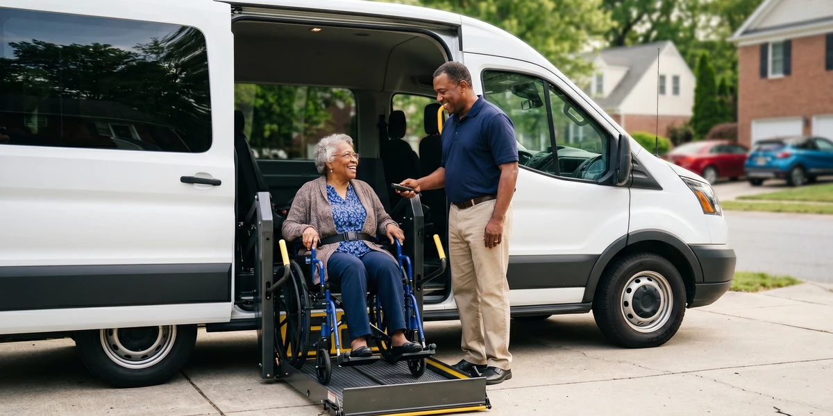 A driver operating a wheelchair lift on a With Care accessible van for wheelchair non-emergency medical transportation